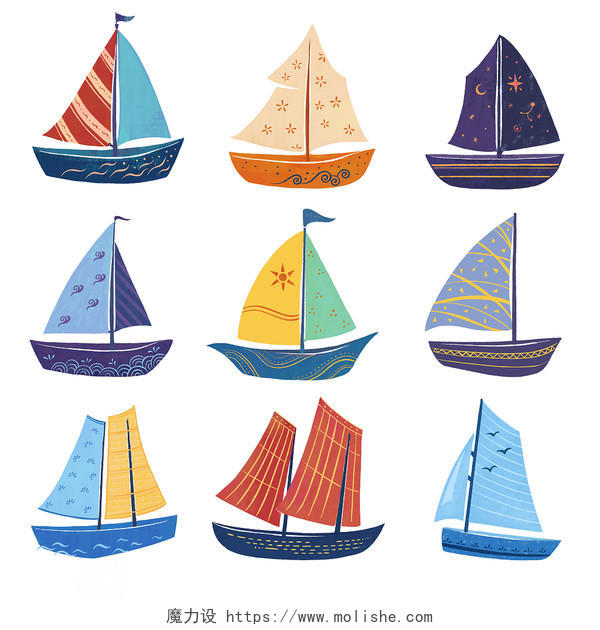 帆船元素卡通帆船儿童插画PNG素材